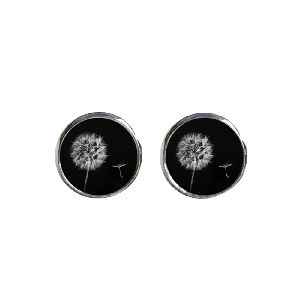 Dandelion Glass Dome Stud Earrings – Black & White Botanical Art – 0.5" Round
